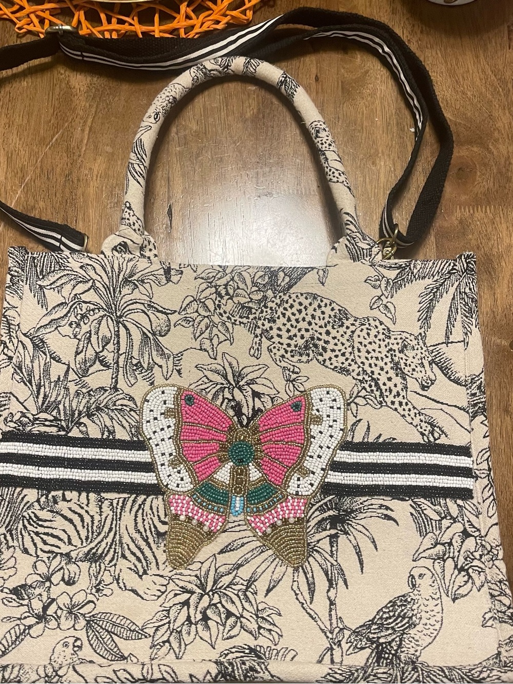 Beaded Butterfly Canvas Tote Bag - Cream with Pink Accents